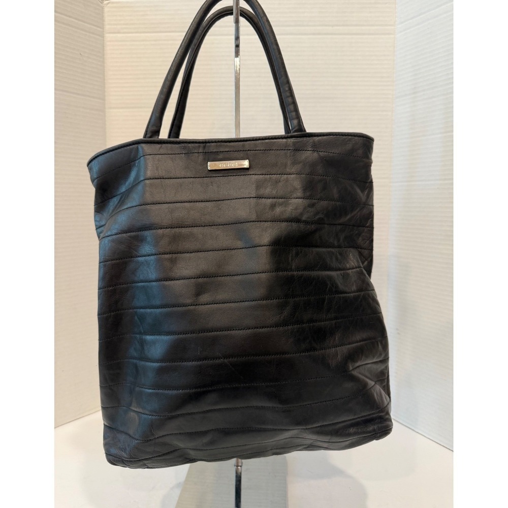 Gucci Large Black Ribbed Pleated Leather Double Handle Tote Bag Purse